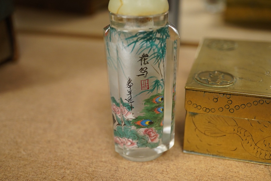 A Chinese brass and bowenite inset box, a cloisonné enamel miniature vase, and an inside painted snuff bottle, largest 15cm wide